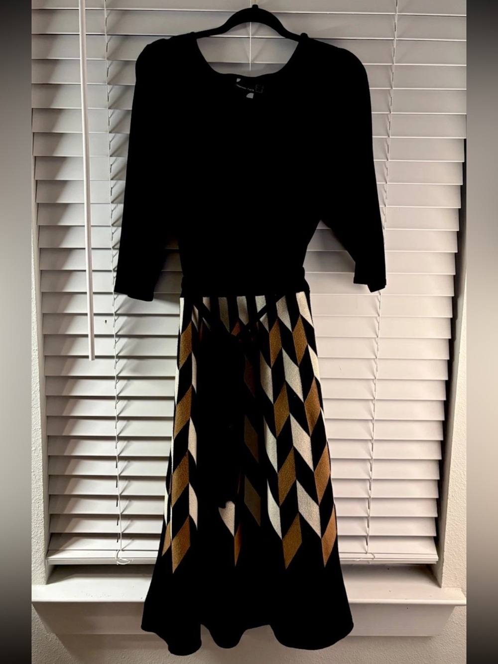 Maison Tara Black Geometric Chevron Knit 3/4 Sleeve Fit Flare Midi Dress XL